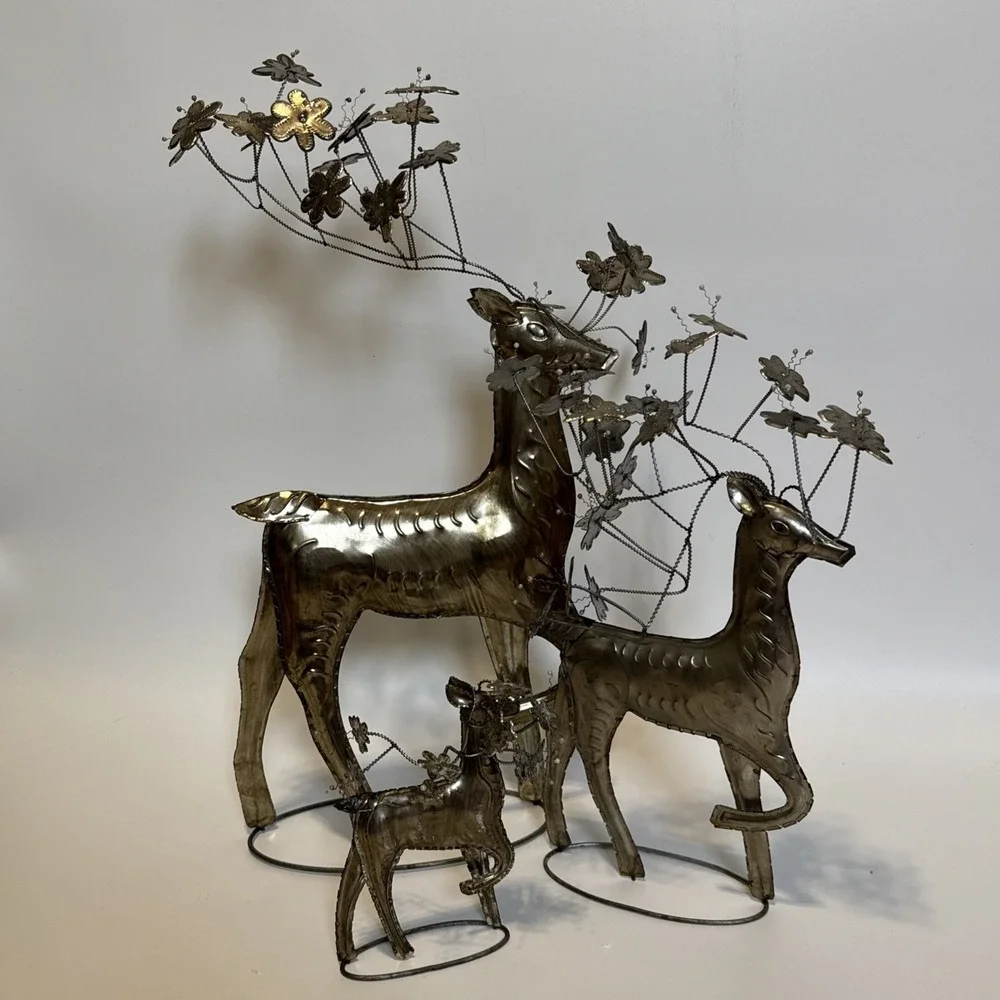 Set Of 3 Pottery Barn Pressed Metal Reindeer Christmas Flower Antlers Decor
